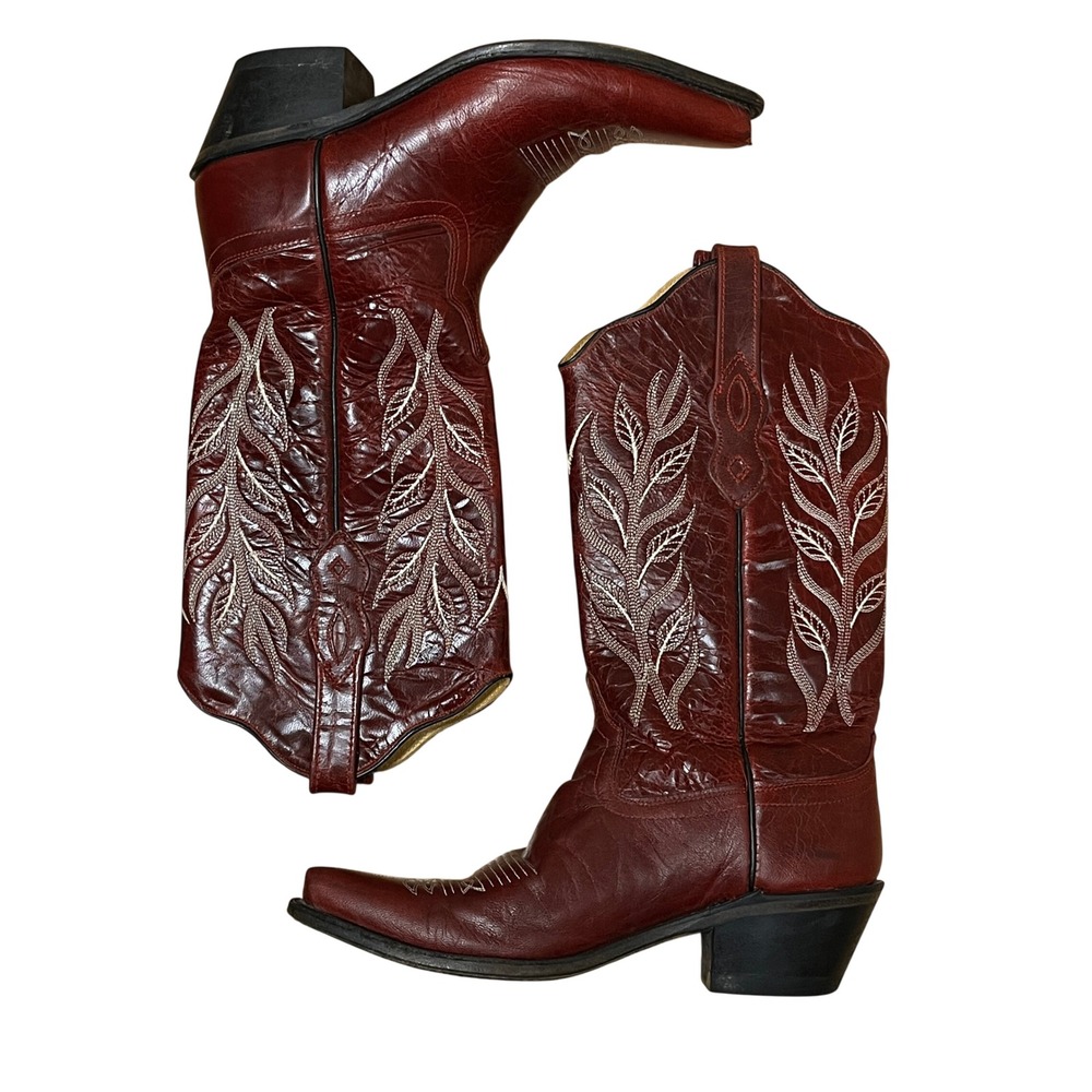 Old West Cherry Red Leather Embroidered Cowgirl Western Boots Womens 7.5